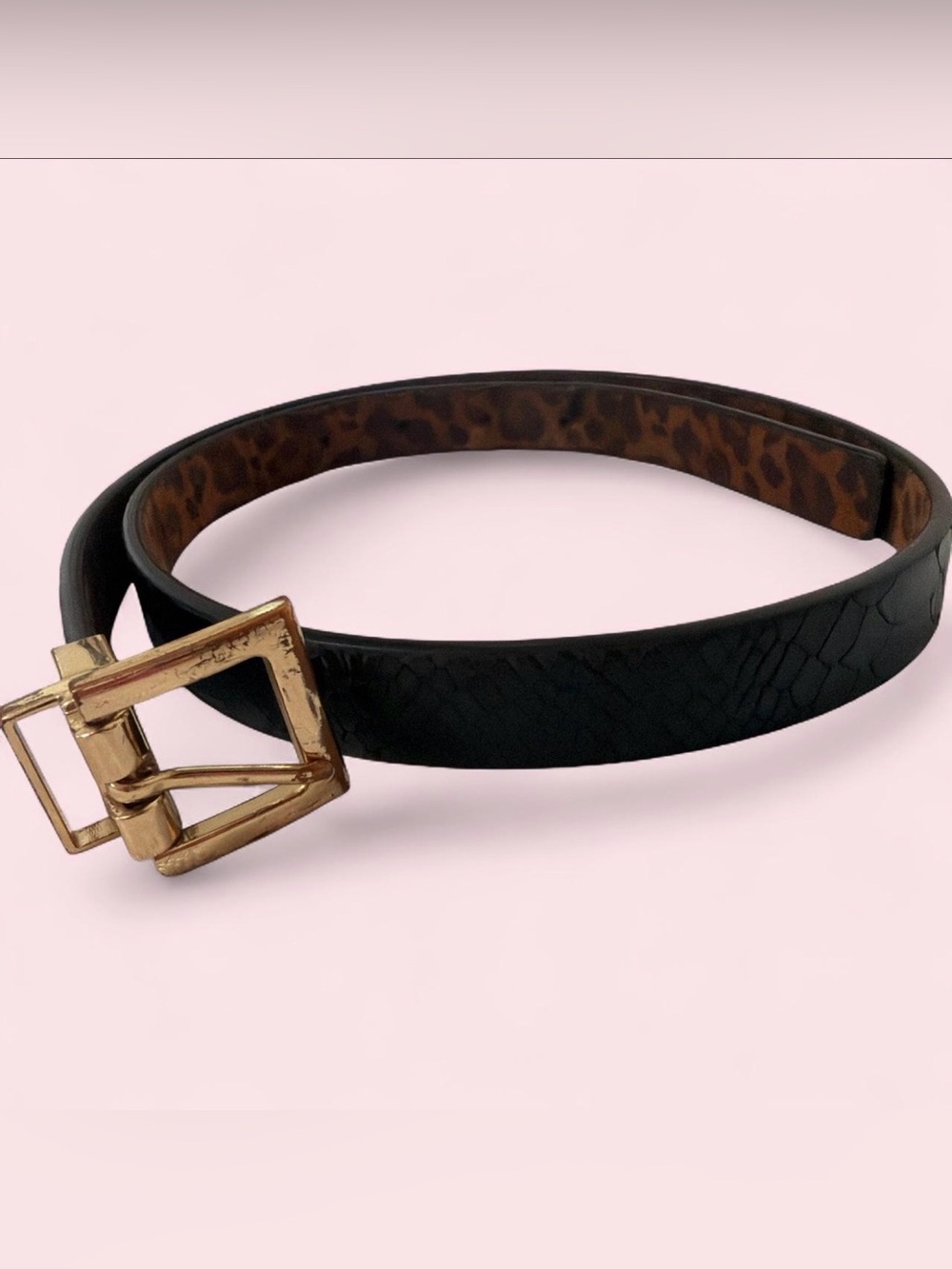 Express Black Belt with Gold Buckle and Leopard Lining
